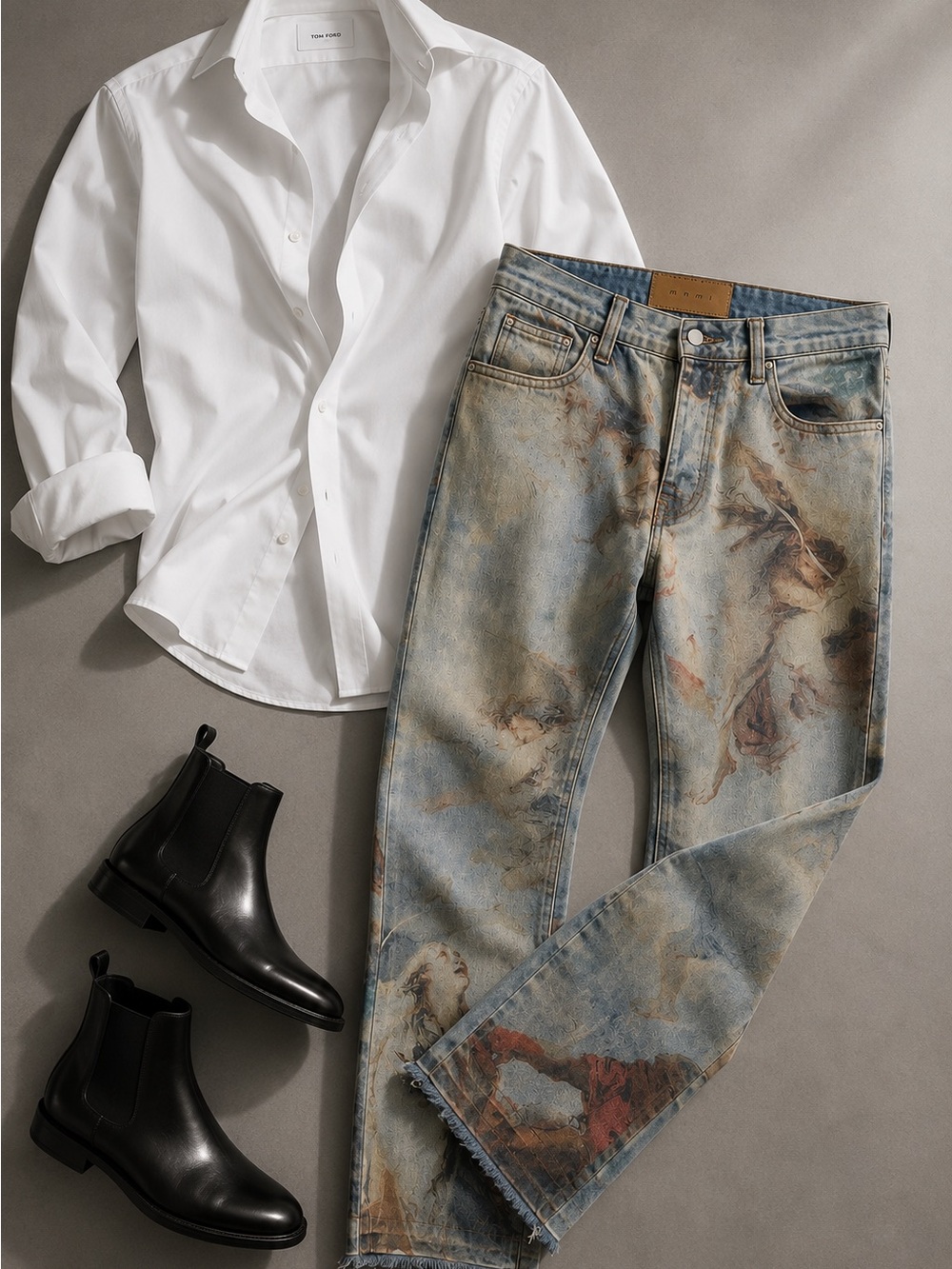 MNML Men’s Painted-Print Slim Straight Jeans in Faded Blue and Cream - Picture 14 of 14